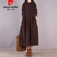皮爾卡丹（pierre cardin）新品撿漏專(zhuān)柜牛貨撤柜女復古燈芯絨連衣裙休閑寬松條絨襯衫長(cháng)裙子 棕色 M 【建議90-110斤】