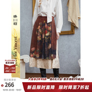 兩三事梵高文藝 繁花游弋 2025冬季新款印花雙層裙擺半身裙 紅色-y S