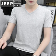 JEEP SPIRIT23夏新款莫代爾短袖t恤男純色v領(lǐng)冰絲速干體恤上衣服潮流夏 淺花灰 S (90-105斤合身)