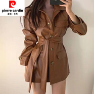 皮爾卡丹（pierre cardin）韓版chic小眾百搭收腰顯瘦中長(cháng)款帥氣機車(chē)皮衣外套女秋冬長(cháng)袖上衣 焦糖色 S