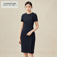 哥弟（GIRDEAR）女裝氣質(zhì)通勤單排扣高腰圓領(lǐng)短袖小黑連衣裙1500292 藍(lán) S (2碼)