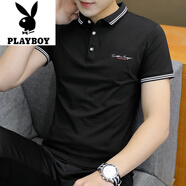 花花公子（PLAYBOY）夏裝短袖T恤男帶有領(lǐng)半袖青年休閑Polo衫夏天純棉T恤潮流上衣服 3512黑色 M 90-105斤