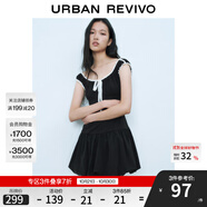 UR2025春季新款女裝撞色蕾絲飄帶U領(lǐng)無(wú)袖修身連衣裙UYY750014 黑色 (偏短) S