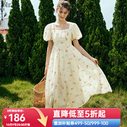 Olrain歐芮兒法式方領(lǐng)碎花連衣裙女夏季新款收腰歐根紗裙子 花色 L