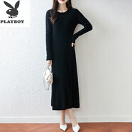 花花公子（PLAYBOY）秋冬慵懶半高領(lǐng)長款寬松打底A字毛衣裙女神范衣服過膝針織連衣裙 黑色 S