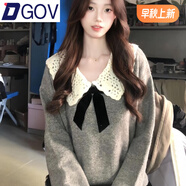 DGOV灰色娃娃領(lǐng)鉤花蝴蝶結(jié)針織衫女2025秋季新款寬松小眾毛衣上衣厚 灰色zt XL 建議115-130斤