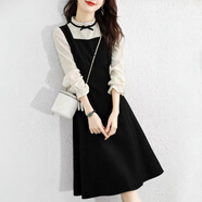 JPUZ法式蕾絲邊假兩件拼接長(cháng)袖連衣裙春裝大碼胖mm收腰顯瘦小香風(fēng)裙子 黑色 M 建議80-100斤