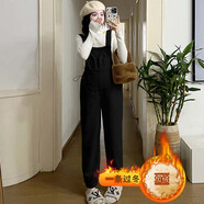 依鎏衣品秋冬純棉銀狐絨加絨加厚孕婦裝背帶褲網(wǎng)紅保暖吊帶褲毛衣兩件套裝 黑色單件背帶褲 XXL 建議145-165斤