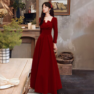 jane Deiune長(cháng)袖紅色連衣裙女輕奢感秋冬絕美訂婚小禮服長(cháng)裙到腳踝超長(cháng)款 酒紅色 S