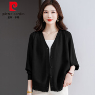皮爾卡丹春秋款針織開(kāi)衫外搭蝙蝠衫新款羊毛衫時(shí)尚V領(lǐng)寬松毛衣外套上衣女 黑色 M 建議95-110斤