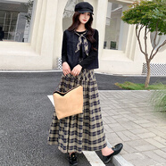 歐潤娜復古高級感時(shí)尚馬甲套裝裙女春秋新款氣質(zhì)顯瘦格紋半身裙子兩件套 藏青格 S