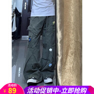 歐貝汐國潮復古多口袋直筒工裝褲女秋冬美式寬松小花刺繡傘兵褲闊腿長(cháng)褲 綠色 M