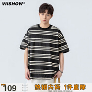 viishow潮牌夏季復(fù)古撞色條紋圓領(lǐng)短袖T恤男女寬松情侶休閑百搭體恤 黑白條 S