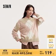 森馬（Semir）森柔|毛衣女冬菱形格撞色落肩圓領(lǐng)寬松套頭衫慵懶學(xué)院風(fēng)毛衫 紅咖色調(diào)00365 S