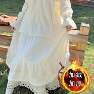 正其心森女系毛呢半身裙白色蛋糕裙女百搭秋冬蕾絲長(cháng)裙日系文藝裙子 加絨 白色 XL