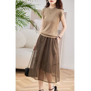 HUALIN FASHION2025夏季冰絲顯瘦女裙套裝歐根紗兩件套 駝色+咖色透氣顯瘦套裝 M