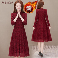 美安嘉加厚絨蕾絲連衣裙秋冬胖妹妹大碼中長(cháng)款洋氣質(zhì)遮肉小個(gè)子打底裙子 227酒紅色蕾絲花邊(加絨款) M
