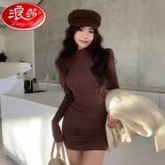 浪莎（LangSha）白色加絨加厚高領(lǐng)連衣裙女秋冬皮草內搭打底老錢(qián)風(fēng)緊身包臀止步裙 咖色【夜店/參加婚禮/新娘便裝/miu系千金/富家 S 【建議80斤-95斤】