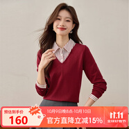 熙世界假兩件針織衫女士2025春季設(shè)計感長袖毛衣襯衫領(lǐng)打底衫上衣 安可拉紅 M