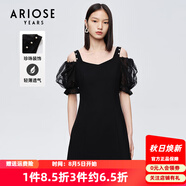艾諾絲雅詩【商場(chǎng)同款】夏新珍珠網(wǎng)紗泡泡袖短袖小清新小黑裙連衣裙10429006 黑色 S
