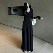 jane Deiune冬季女性黑色V領(lǐng)大衣配長(cháng)袖針織裙，高端腰型修身長(cháng)裙 【黑色】冷淡系獨特別致裙子_冬天連衣裙_毛衣裙_冬 S 40_45kg_