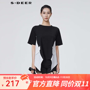 S.DEER圣迪奧女裝復古圓領撞色條紋不規(guī)則短袖T恤S24280110 本白/9B L/170