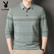 花花公子（PLAYBOY）純棉中年長(cháng)袖t恤男春秋條紋翻領(lǐng)休閑上衣爸爸薄款POLO中老年體恤 豆綠色 S [90-110斤]