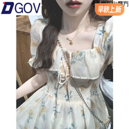 DGOV茶歇法式碎花連衣裙女夏泡泡袖氣質(zhì)收腰清純甜美仙女溫柔初戀長裙 黃色 S 80-95斤