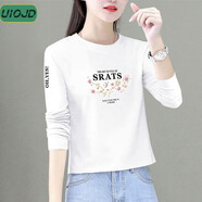 UIOJD女裝長(cháng)袖t恤女春秋新款韓版寬松短款上衣高腰顯瘦純棉女打底衫 白色(SRATS星星) M (100斤以?xún)?