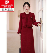 皮爾卡丹（pierre cardin）冬季小香風(fēng)新年戰(zhàn)袍套裝回門訂婚禮服紅色粗毛呢外套半身裙套裝女 紅色套裝上衣+半身裙 L