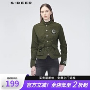 S.DEER圣迪奧女裝春季立領字母印膠貼布裝飾幾何貼袋短款外套S19182213 軍綠/86 M/165