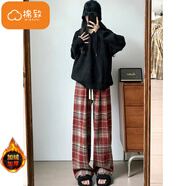棉致毛呢格子褲子女春秋季新款寬松闊腿高腰運動休閑衛(wèi)褲 687紅色【加絨高品質(zhì)】 S 80-90斤