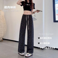 寶娜斯（BONAS）窄版闊腿褲女韓版高腰寬松法棍呢絨直筒褲抽繩垂感褲拖地褲 深灰色節(jié)節(jié)高 常規(guī)款1條 均碼 適合80-140