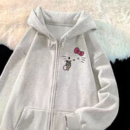 KYODO 鯨美多hello Kitty外套奶杏色可愛(ài)開(kāi)衫連帽衛衣女秋季薄款小個(gè)子上衣 白灰色【原宿風(fēng)春秋薄款】 M  86-105斤