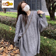 初徑麻花套頭毛衣外套女冬新款秋寬松韓版休閑慵懶風(fēng)針織毛衣女 灰色 S 建議【90-100斤】