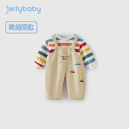 JELLYBABY男童秋裝套裝女童卡通條紋衛(wèi)衣背帶褲子休閑戶外兩件套春 彩色條紋 90