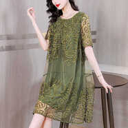 山頭林村歐根紗連衣裙大碼胖mm刺繡歐根紗連衣裙女寬松高端洋氣遮肚顯瘦減 綠色 L  95斤-115斤