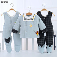 嬰兒衣服秋冬季0-3月男寶新生嬰兒棉衣服三件套裝加厚秋冬季純棉0-3個(gè)月6寶寶背帶褲連包腳 藍色小熊釣魚(yú) 59碼建議新生兒-12斤
