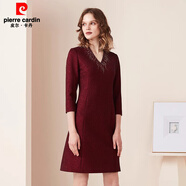 皮爾卡丹（pierre cardin）女春酒紅長(cháng)袖連衣裙時(shí)尚V領(lǐng)A字裙專(zhuān)柜 酒紅色 S 36A