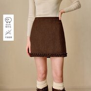 茵曼甜美木耳邊羊毛呢子半身裙2025冬女裝新款A字短裙深咖紅 L