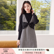 香影千鳥格毛呢連衣裙女2024秋冬新款重要場(chǎng)合蝴蝶結(jié)v領(lǐng)無(wú)袖裙子 黑色 S