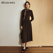 Olrain絲巾飄帶高彈針織連衣裙女裝冬季修身收腰顯瘦內搭長(cháng)裙 咖色 M