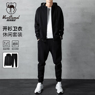 西域駱駝（VANCAMEL）衛(wèi)衣套裝男春秋連帽運動上衣長褲青年男士休閑兩件套 黑色 2XL 