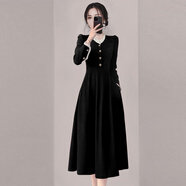 羅蒙法式小香風(fēng)連衣裙女秋冬新款復古小眾設計感蕾絲花邊燈芯絨長(cháng)裙子 黑色 2XL 130-145斤