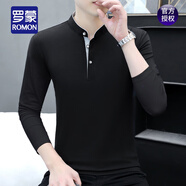 羅蒙（ROMON）立領(lǐng)純棉長(cháng)袖t恤男裝秋冬季打底衫加絨加厚V中半高領(lǐng)保暖內衣 LQ-春秋薄 款221立 領(lǐng)-黑色 L 碼[115-130斤]