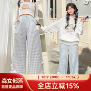 森女部落原創(chuàng)藍色格子休閑褲今年流行的新款褲子直筒褲2025年女裝 藍色小個子版推薦身高158cm以下（單件） S