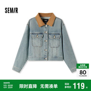 森馬（Semir）森柔牛仔|牛仔外套女短款翻領(lǐng)做舊秋夾克小個(gè)子街頭103524108001