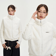 iSaluteU仿兔毛毛衣拼接外套小立領(lǐng)潮流秋冬保暖短款防風(fēng)鎖溫棉衣 白色 S