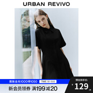 UR夏季新款女裝通勤風(fēng)壓褶修身短袖棉質(zhì)連衣裙UWU740075 正黑 S
