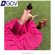 DGOV超仙海邊度假連衣裙露背長(cháng)裙氛圍拍照女神穿搭性感仙氣套裝裙 玫紅色 S